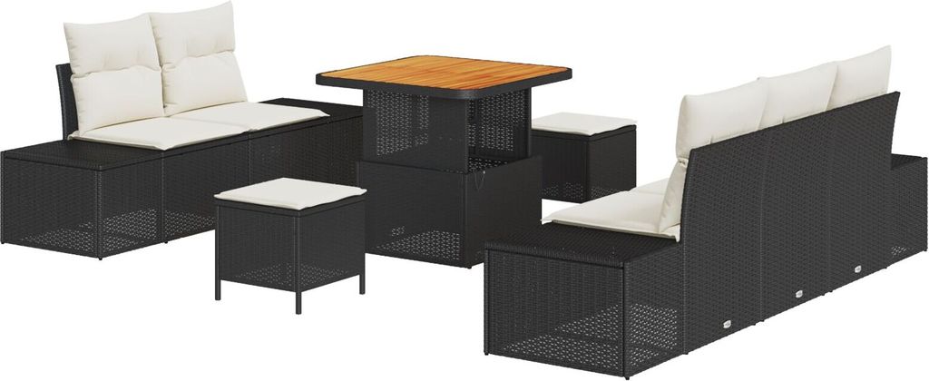 Möbel 8-teiliges Garten Sofa Set mit Kissen Schwarz Poly Rattan Akazie, 2-Sitzer Garten Sofa mit Stauraum & Kissen Schwarz Poly Rattan, 3-teiliges...