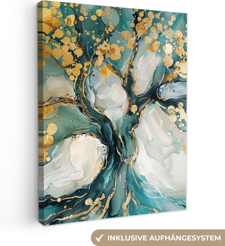 Leinwand Bilder 30x40 cm - Lebensbaum - Modern - Malerei-Look - Türkis - Gold, Bilder, Wanddeko Wohnzimmer