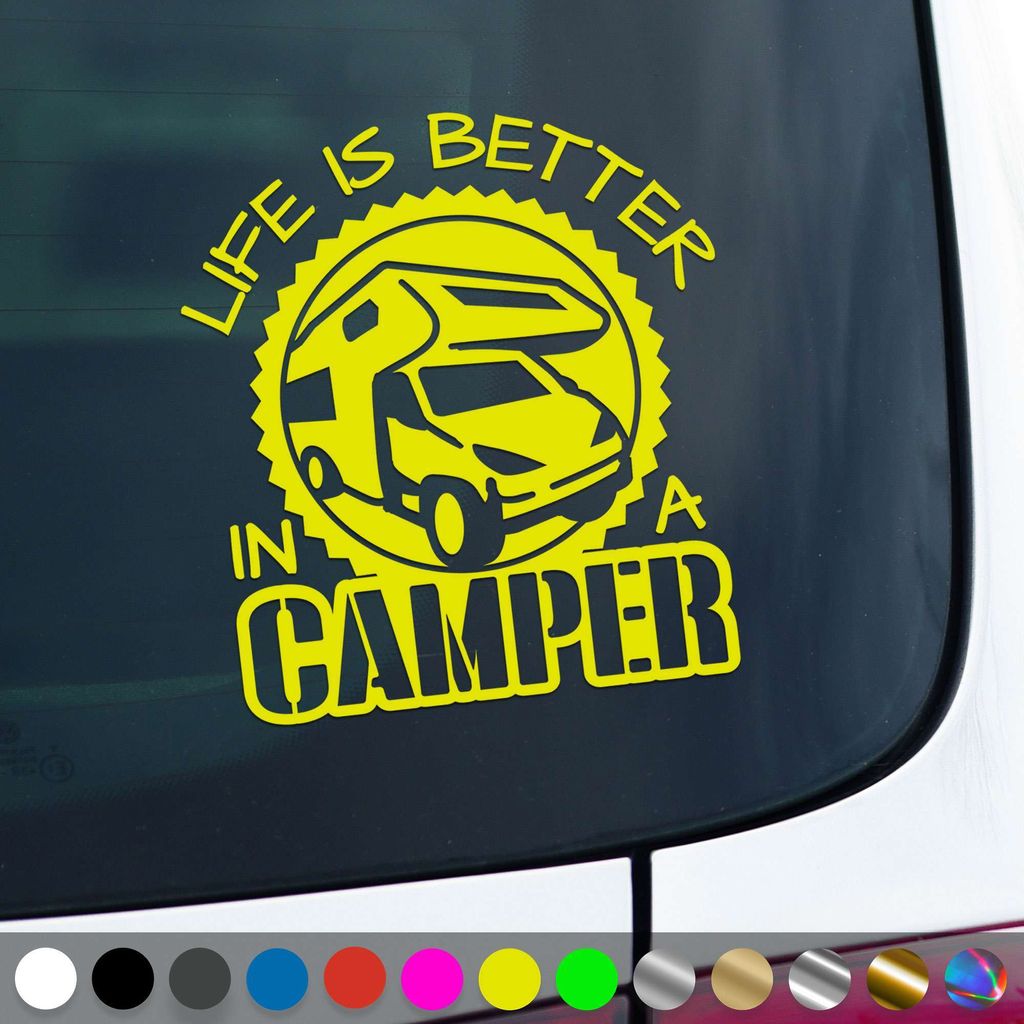 PantherPixel Wohnmobil Aufkleber Wohnwagen Bus Reise Besser Camping Sticker Auto Geschenkidee Farbe Neon-Gelb