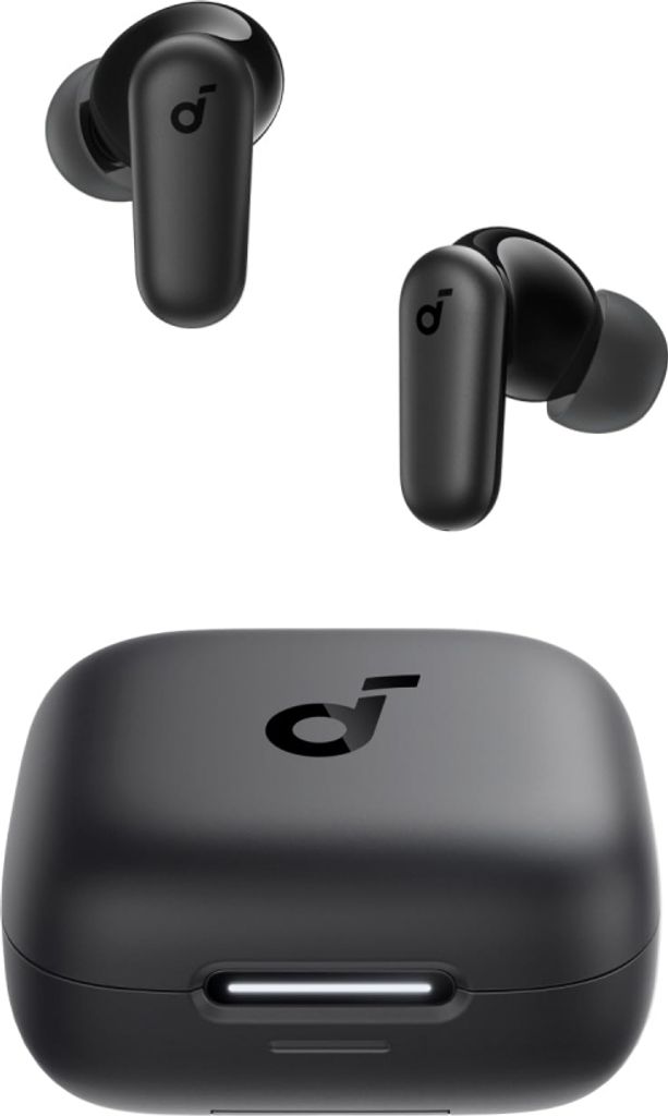 A pair of black wireless earbuds and their charging case are displayed against a white background.