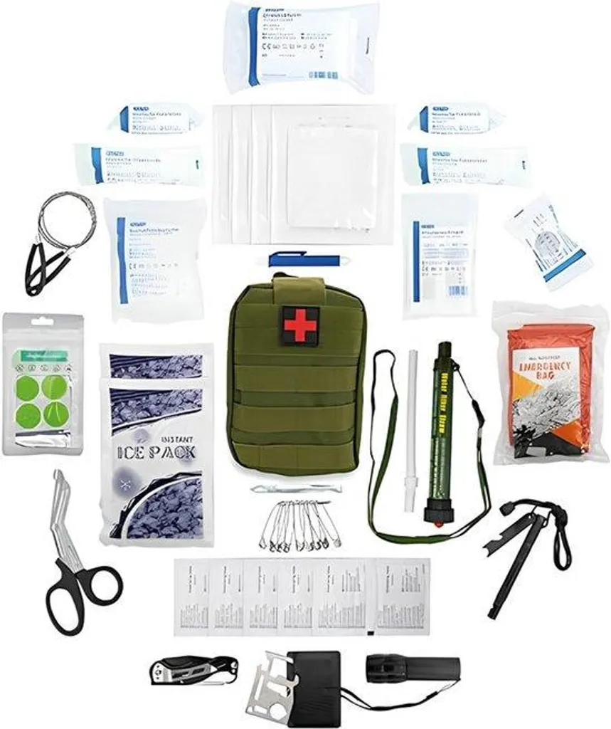 Kit de soins et premier secours kaki 45 pièces, idéal voiture et maison