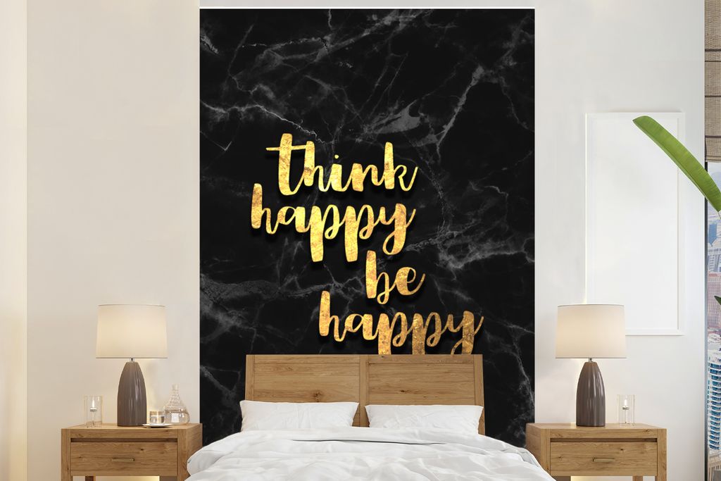 MuchoWow Fototapete für Wohnzimmer oder Schlafzimmer Wandtapete Vinyl Motivtapete Zitat - Glücklich - Gold - Marmor - 200x300 cm - Wanddekorati...