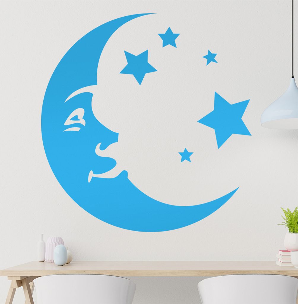 Mondgesicht und Sterne Wandtattoo in 6 Größen - Wandaufkleber Wall Sticker - Dekoration, Küche, Wohnzimmer, Schlafzimmer, Badezimmer