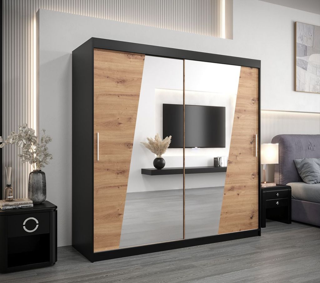Kleiderschrank ESTER – Breite 200 cm, schwarz / Eiche artisan