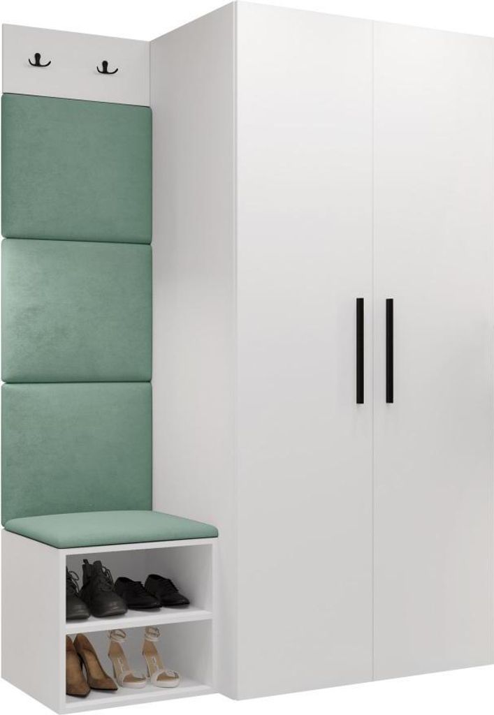 MIRJAN24 Garderoben-Set Medi IV, Schuhschrank, Kleiderhakenbrett, 4x Paneel 42x42, 2 Kleiderhaken (Farbe: Weiß, Manila 11)
