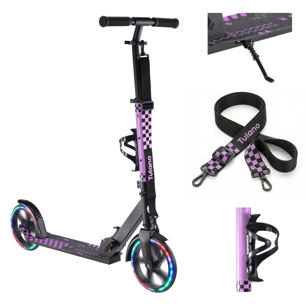 Tulano Kinderroller Zigzag 45 Tretroller Lila Klappbar mit 200 mm LED-Leuchträdern Höhenverstellbar Tragegurt Flaschenhalter bis 100 kg