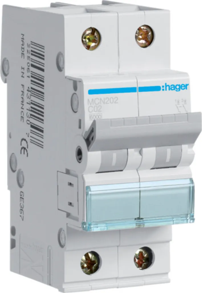 Hager MCN202 Disjoncteur 2 Pôles 2A Montage Rail DIN Largeur 35 mm