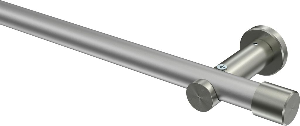Interdeco Gardinenstange / Vorhangstange Silbergrau / Edelstahl-Optik, Typ Platon Santo (Kappe) ohne Ringe, 20 mm Ø 1-läufig, 260 cm