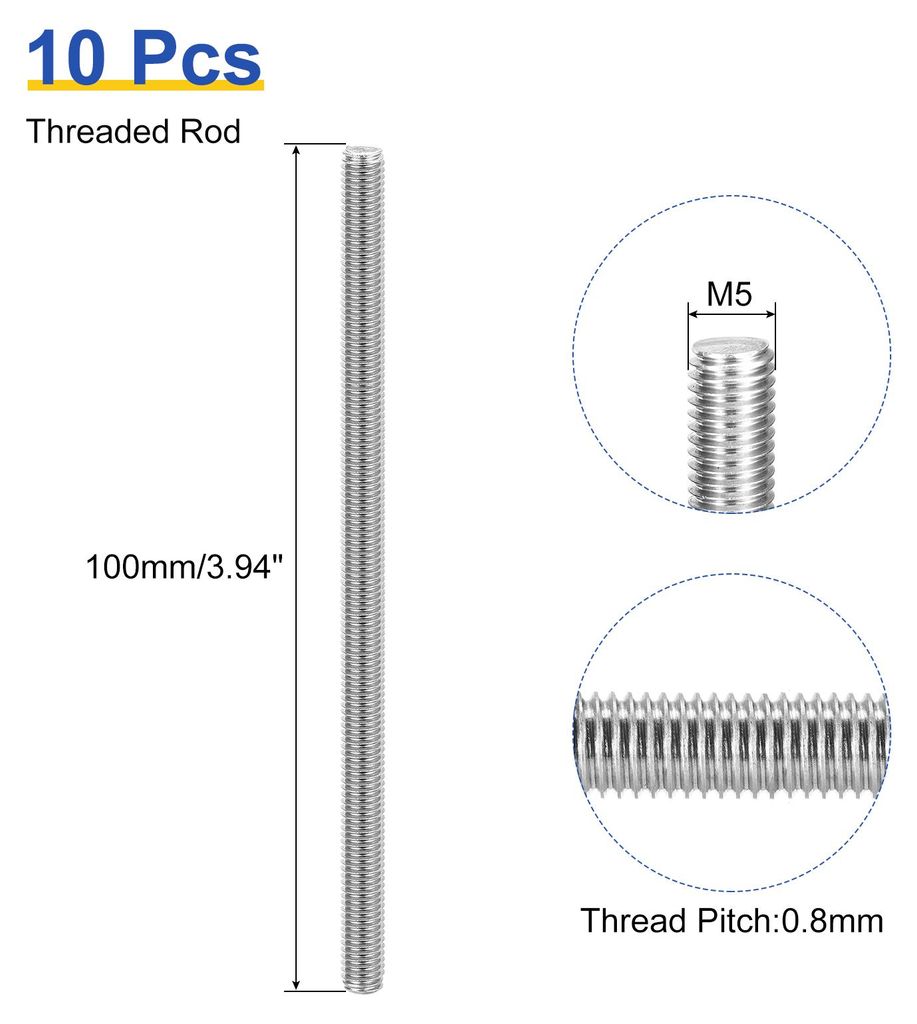 10 Stš¹ck Gewindestange M5 x 100mm Vollgewinde Stange 304 Edelstahl Rechtsgewinde St?be fš¹r Ankerbolzen, Klemmen, Haken und U-Bolzen, 0,8 Gewi...