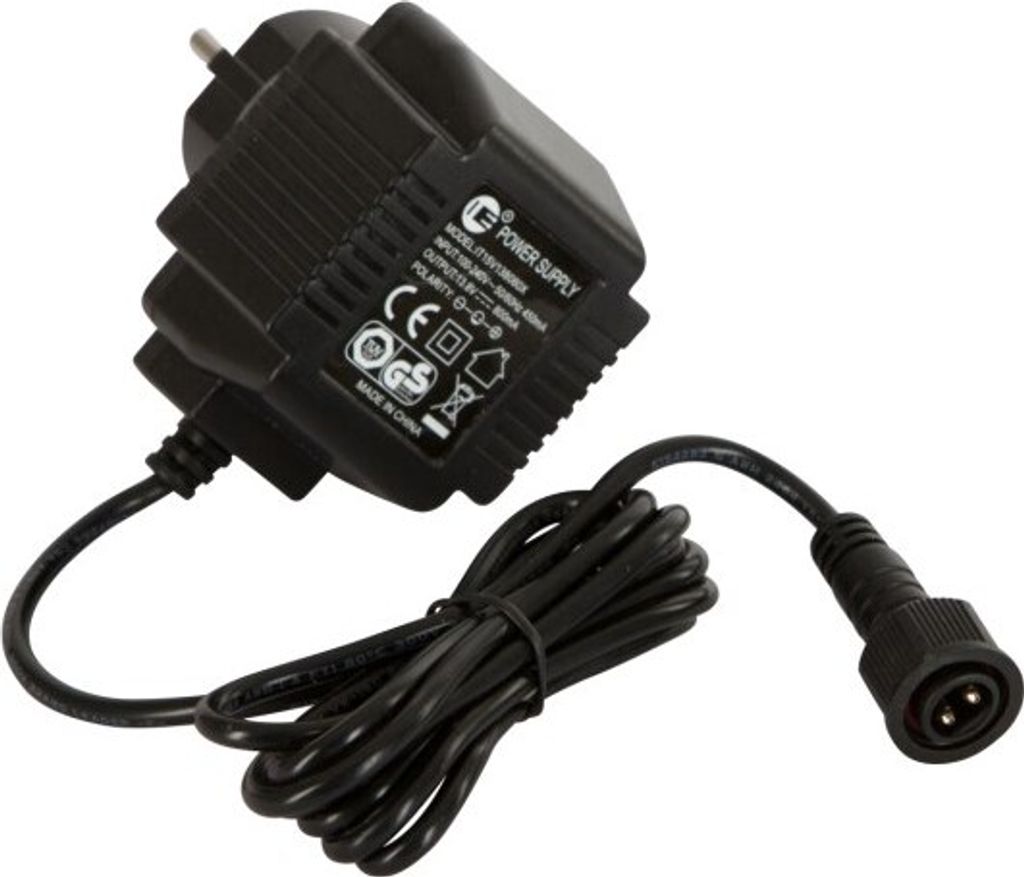A black power adapter with a coiled cord and a connector.