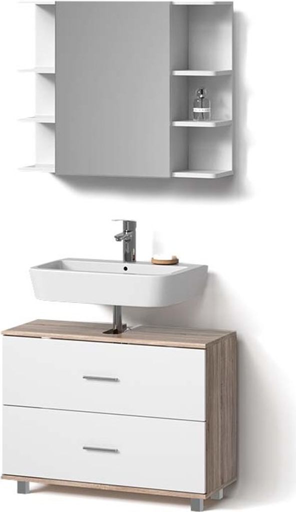 Badmöbel-Set Livinity Eisak Weiß/Sonoma 2 Teile, Unterschrank 80 cm, Model 52581