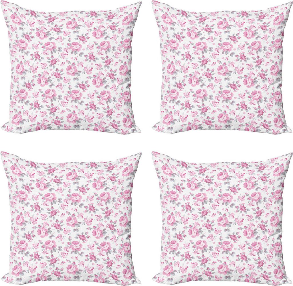ABAKUHAUS Shabby Flora Kissenbezug Set (4 Stück), Rosa Rosen Frühling, Moderner Doppelseitiger Digitaldruck, 50 cm x 50 cm, Pale Pink Weiß Grau