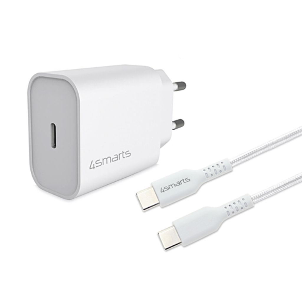 A white USB-C charger and a white USB-C cable are shown on a white background.