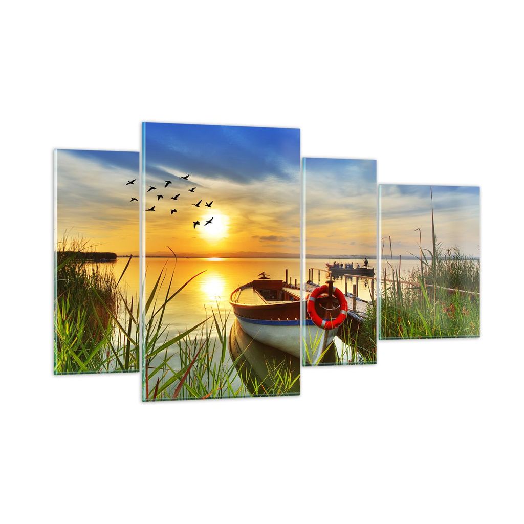 Bilder auf glas - Boot See Sonnenuntergang Sommer Menschen - 120x70cm - Glasbilder - Wandbilder - Kunstdruck - Wanddekoration aus Glas - Glas Bilde...