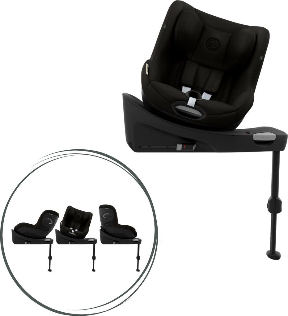 A collage of a black car seat base and a car seat, with three different views of the car seat base shown in a circular frame.