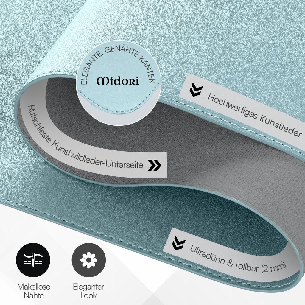 Midori Schreibtischunterlage aus Kunstleder 90 x 43 cm Randnähte rutschfest Hellblau