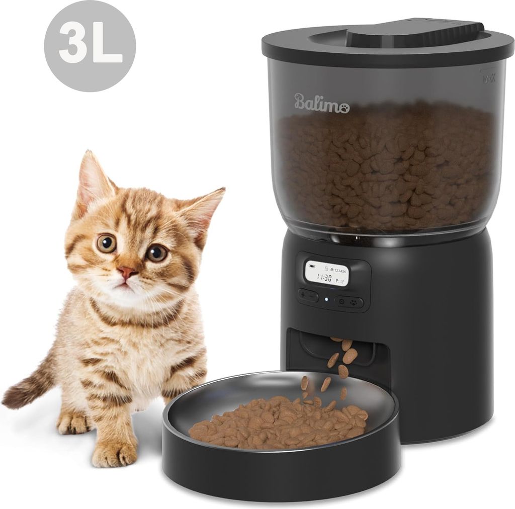 Balimo 3L Automatischer Futterautomat für Katze und Hund mit Programmierbar Timer/LCD/bis zu 6 Mahlzeiten am Tag, Schwarz