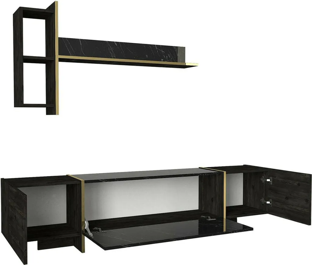 Meuble TV Beinasco Noir 180x32x45h cm avec 2 Étagères en Bois Design