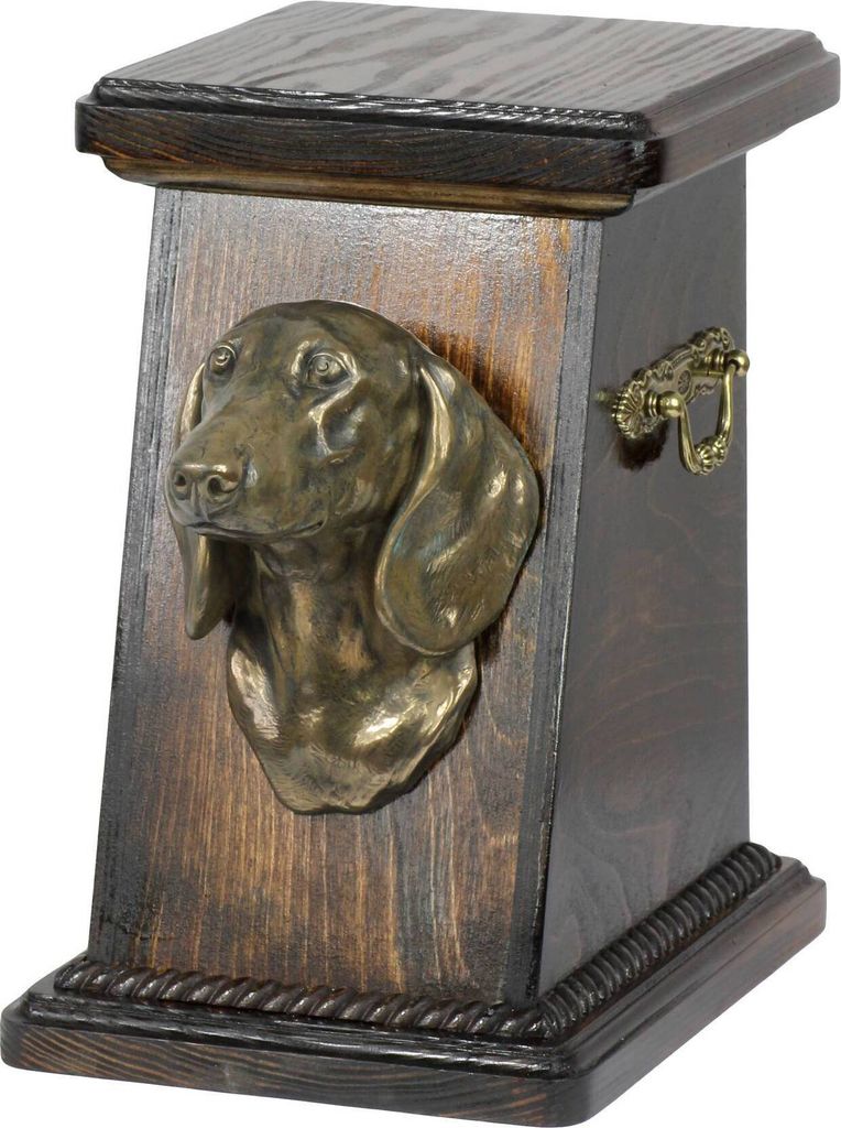 Dackel eine Ascheurne für Hunde, eine elegante Urne mit einer Statue, eine Gedenkurne mit dem Porträt eines Hundes von der Marke Art-Dog