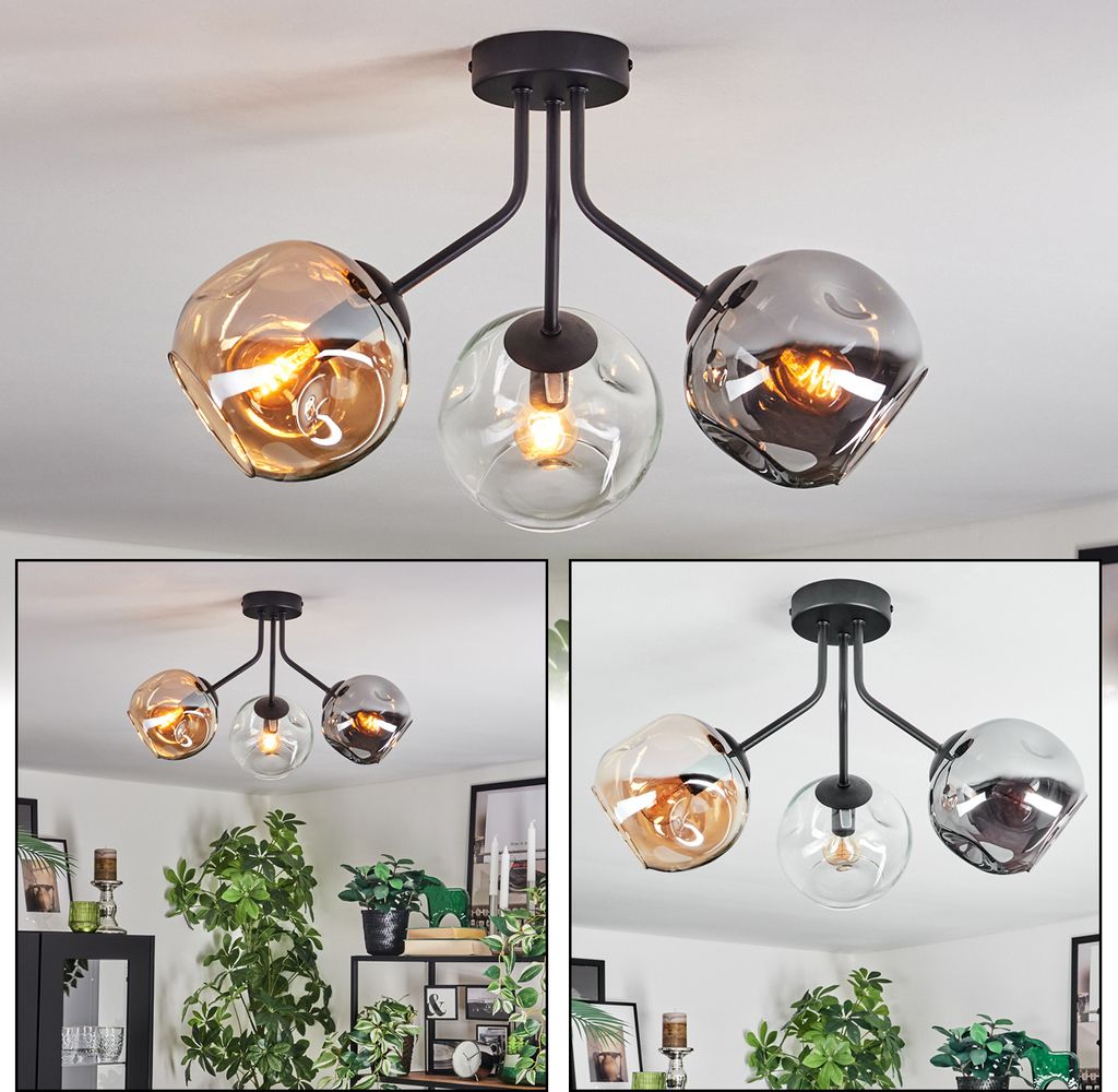 Villamare Deckenlampe aus Metall/Glas in Schwarz/Bernstein-/Rauchfarben/Klar