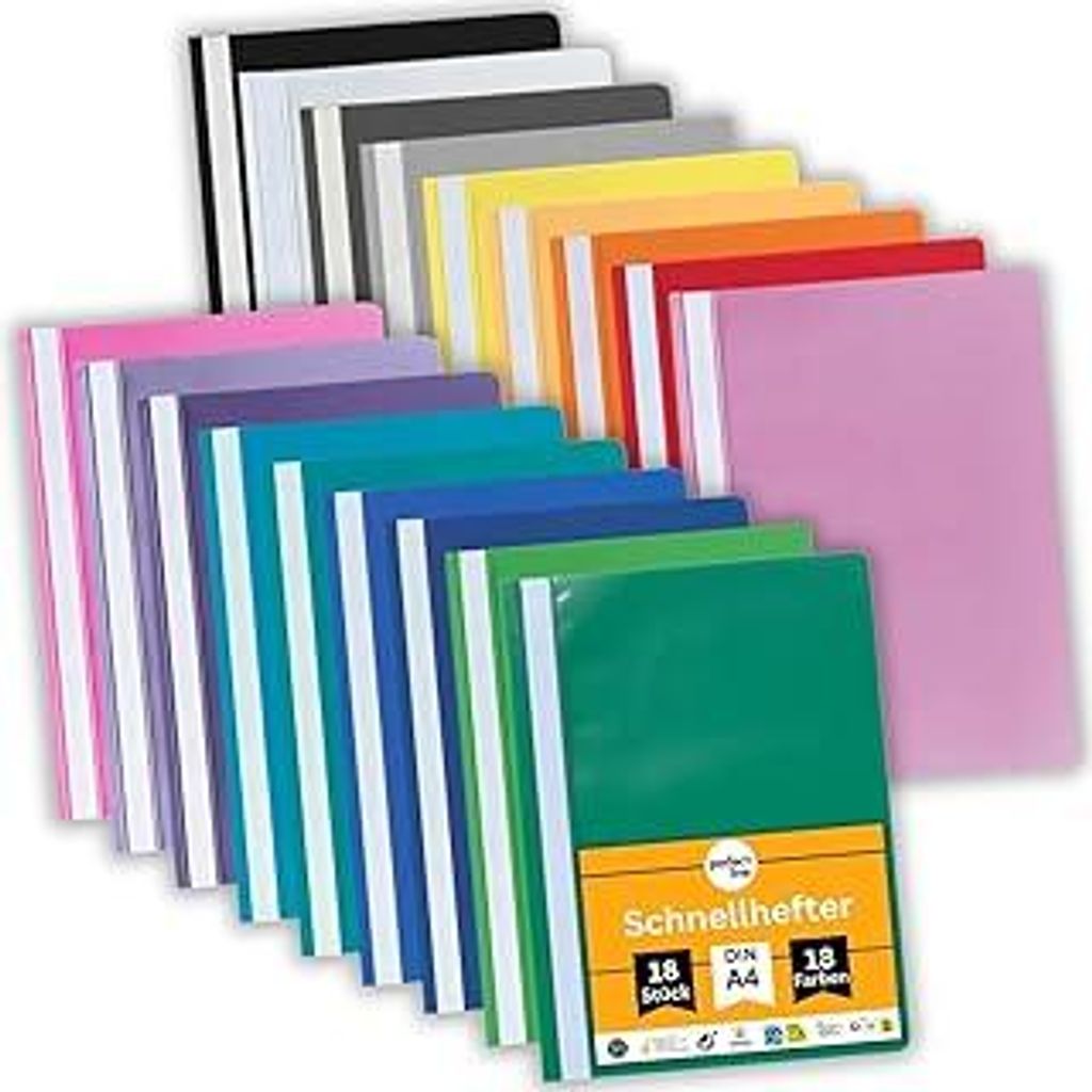 perfect line - 18 Schnellhefter (PP) DIN-A4, 18 Farben, recycelbarer Kunststoff (PP), mit Beschriftungsstreifen, kaufmännischer Heftung
