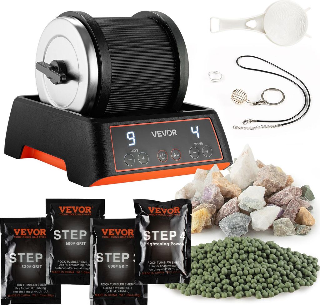 A rock tumbler kit with various accessories and materials.