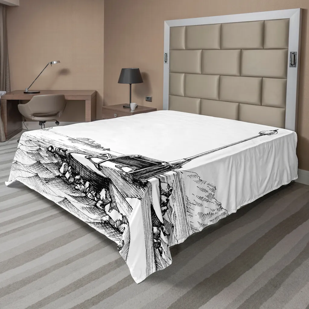 Drap de lit décoratif 266x260 cm, imprimé océan et montagne noir et blanc