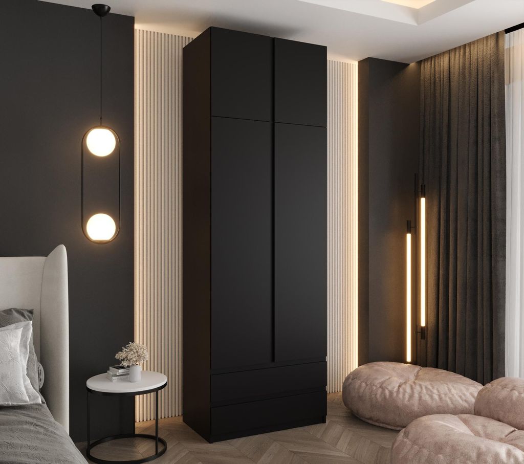 Drehtürenschrank 240x70x48 cm Schwarz mit Aufsatz und 2 Produktbild 