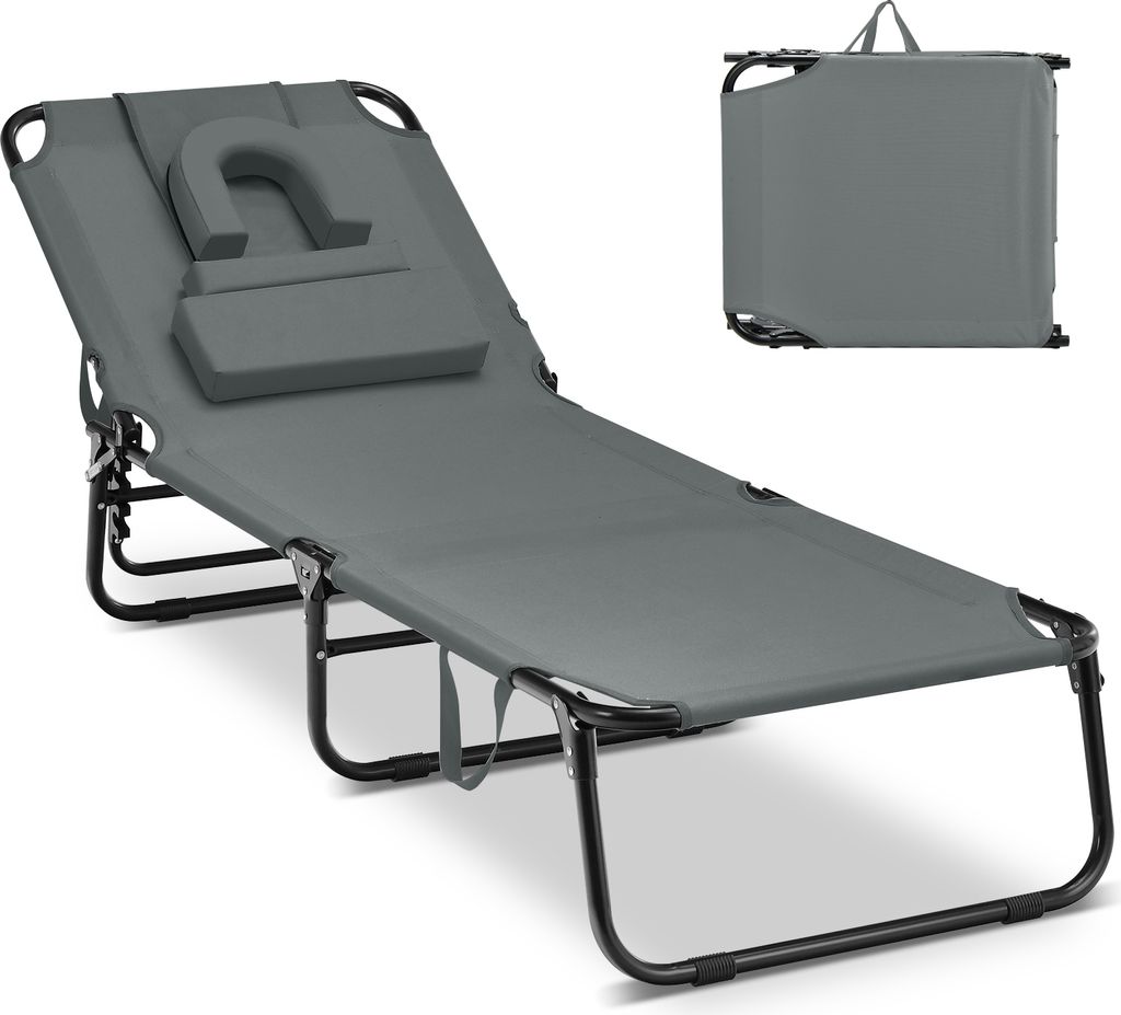 A gray folding lounge chair with a headrest is shown against a white background. A smaller image of the chair folded is in the upper right corner.