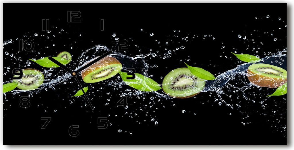 Wanduhr aus Glas – 60x30 cm - Glasbild - Glasuhr - Gehärtetes Glas - schwarze-zeiger - Kiwi und Wasser