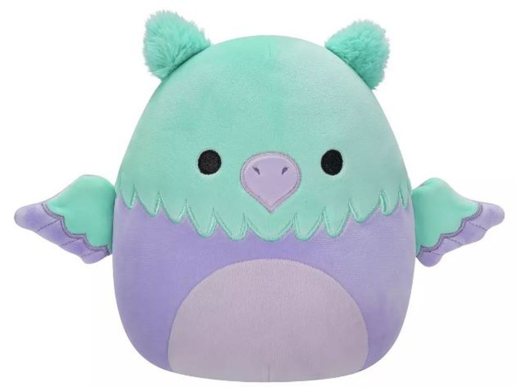 A plush toy owl with mint green and purple coloring, presented against a white background.