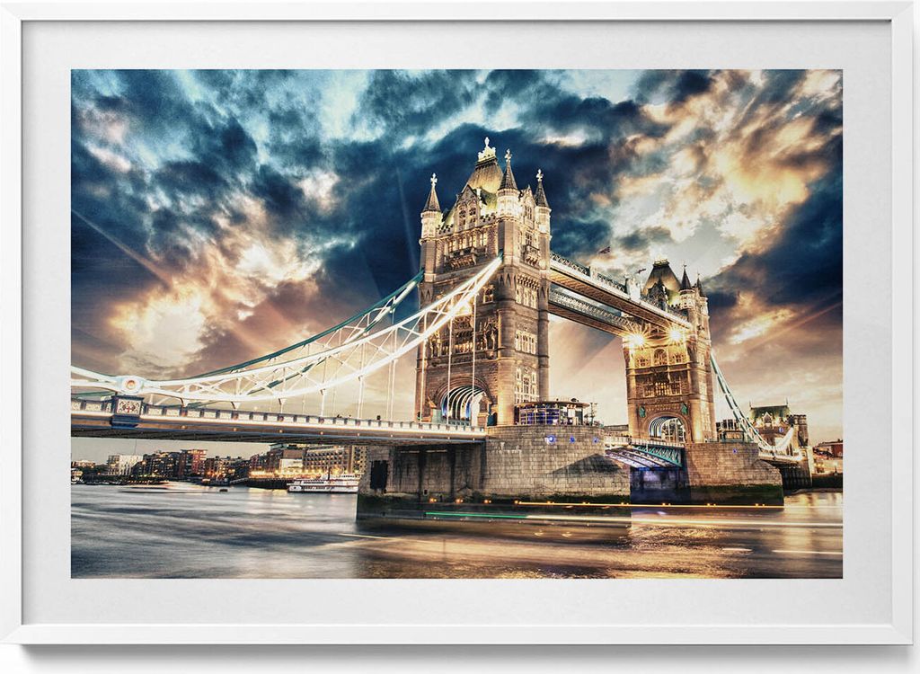 Die Tower Bridge in London– Wandbild mit Rahmen – Gerahmtes Bild – Wanddekoration – 100x70 cm – Weiß Rahmen