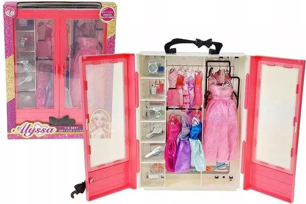 Dressing pour poupée mannequin avec 4 tenues de soirée et accessoires rose