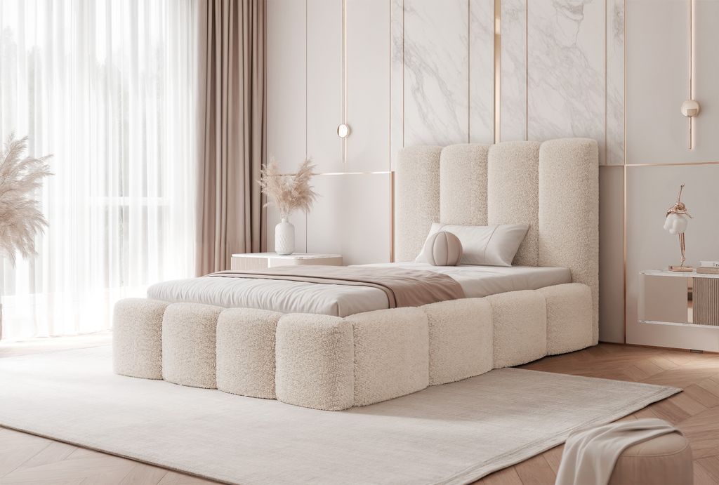 A bedroom scene with a bed as the focal point.