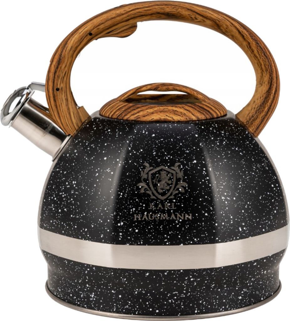 Karl Hausmann Edelstahl Flötenkessel 3 L Wasserkocher Pfeifkessel Iryda Wasserkessel für den Herd Schwarz