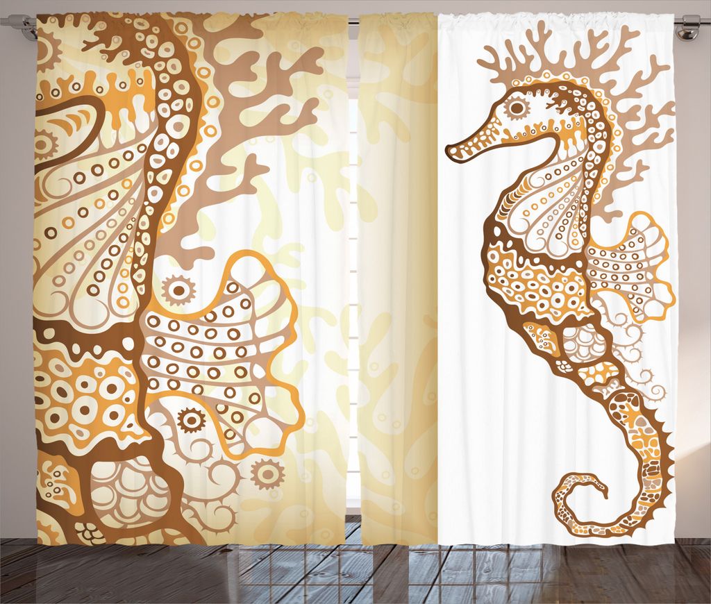 ABAKUHAUS Ozean Rustikaler Gardine, Seahorse Exotische Fische, Schlafzimmer Kräuselband Vorhang mit Schlaufen und Haken, 280 x 245 cm, Creme Brown
