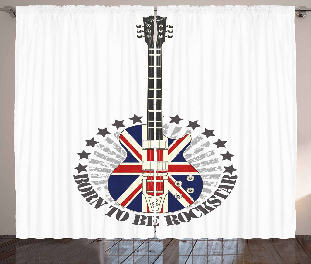 ABAKUHAUS Rockmusik Rustikaler Vorhang, England Flagge Gitarre, Wohnzimmer Universalband Gardinen mit Schlaufen und Haken, 280 x 225 cm, Königsbla...