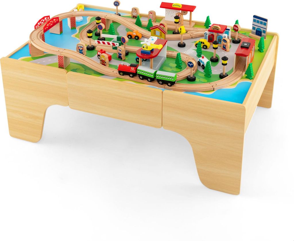 GOPLUS Spieltisch mit 84 Spielzeugteile, Kinder Eisenbahn Set mit Schublade & Umkehrbare Arbeitsfläche, Kinderaktivitätstisch zum Spielen, Natur