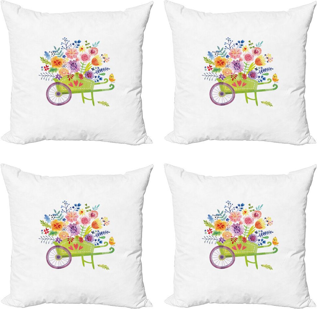 ABAKUHAUS Blumen Kissenbezug Set (4 Stück), Schubkarre Blumen, Moderner Doppelseitiger Digitaldruck, 60 cm x 60 cm, Mehrfarbig