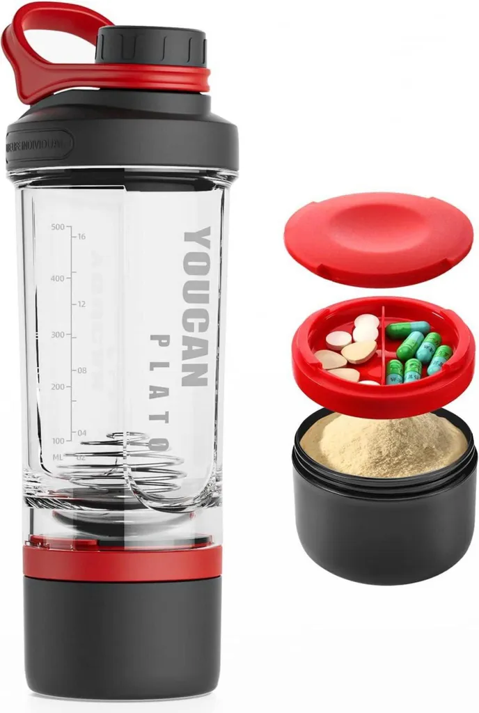 Shaker proteico YOUCAN PLATO con scomparto per polvere 620ML rosso