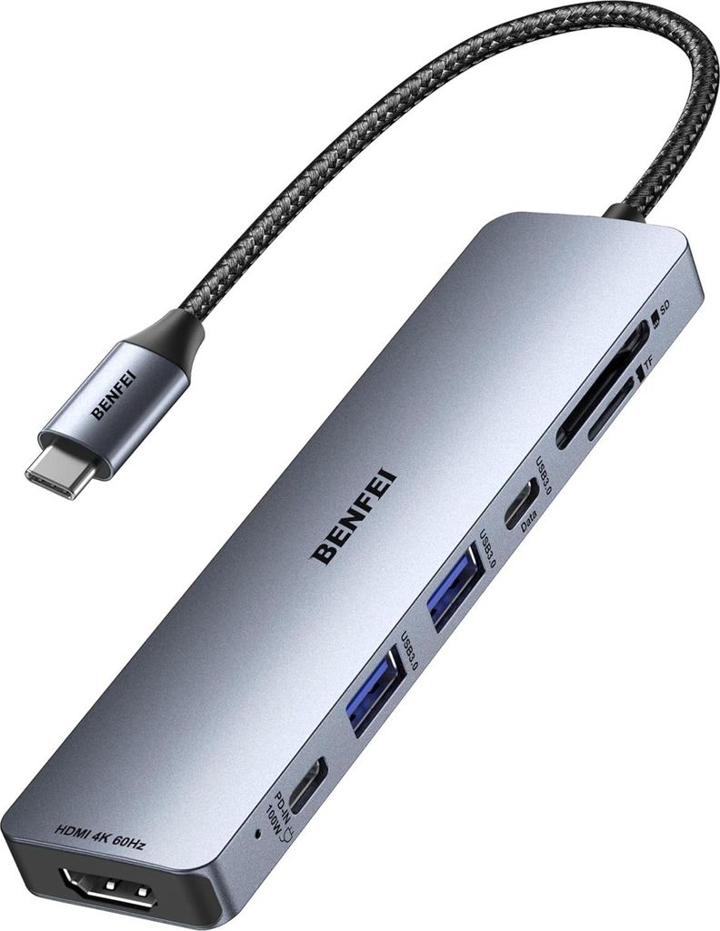 A gray USB-C hub with multiple ports and a braided cable is shown against a white background.