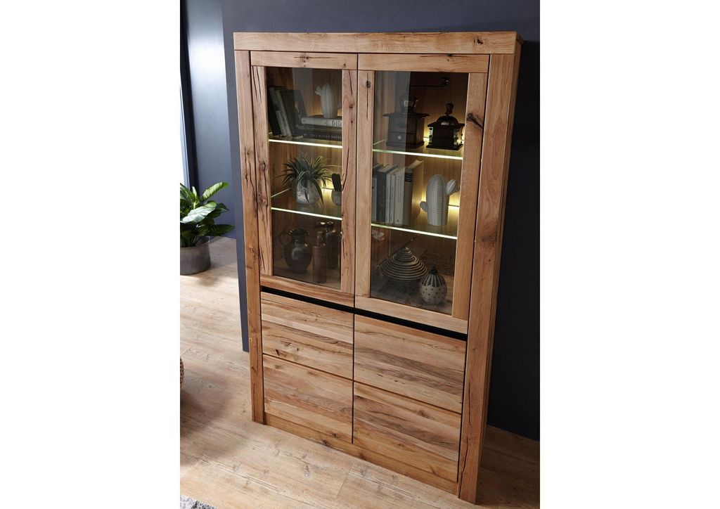 MASSIVMOEBEL24 Vitrine Wild-/Zerreiche 105x42x190 natur geölt MONTREUX #101