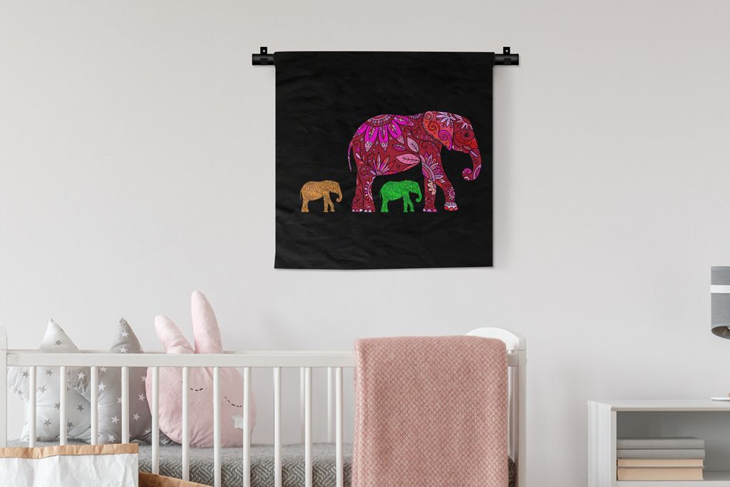 MuchoWow Wandteppich Wandbehang Elefant - Muster - Blumen - Pflanzen 60x60 cm Tapisserie Dekoration Wandtuch - Dekorationen - Wand Decke