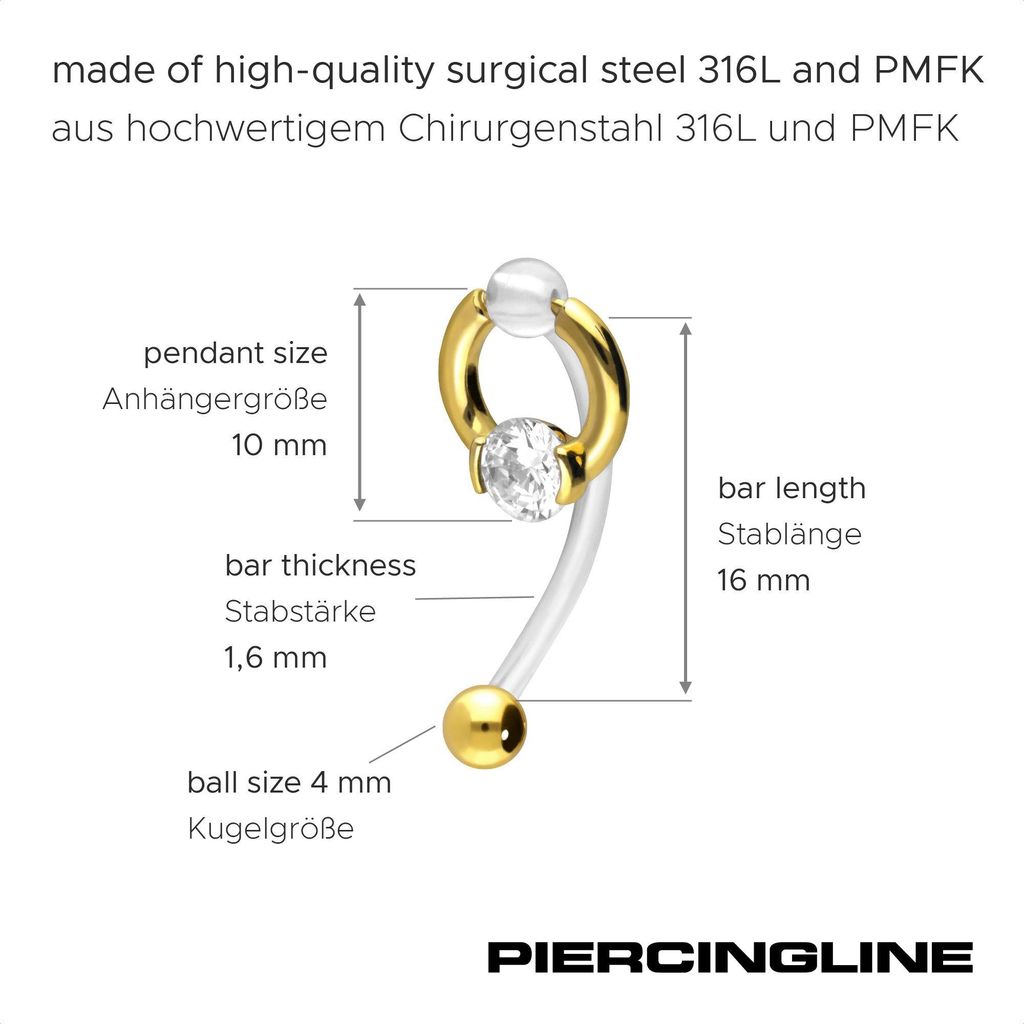 Bauchnabelpiercing PMFK Bananabell mit Chirurgenstahl-Design RING + 5 mm KRISTALL