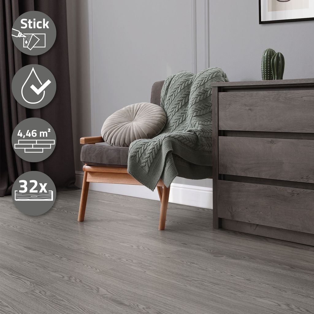 ML-Design Selbstklebende PVC Bodenbelag, 4,46 m²/32 Vinyl-Dielen, Eiche Grau