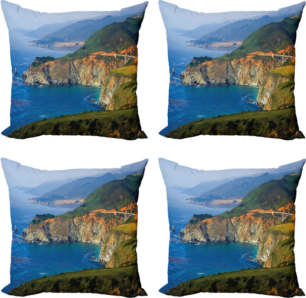 ABAKUHAUS Big Sur Kissenbezug Set (4 Stück), California Mountains, Moderner Doppelseitiger Digitaldruck, 50 cm x 50 cm, Sea Blue und Multicolor