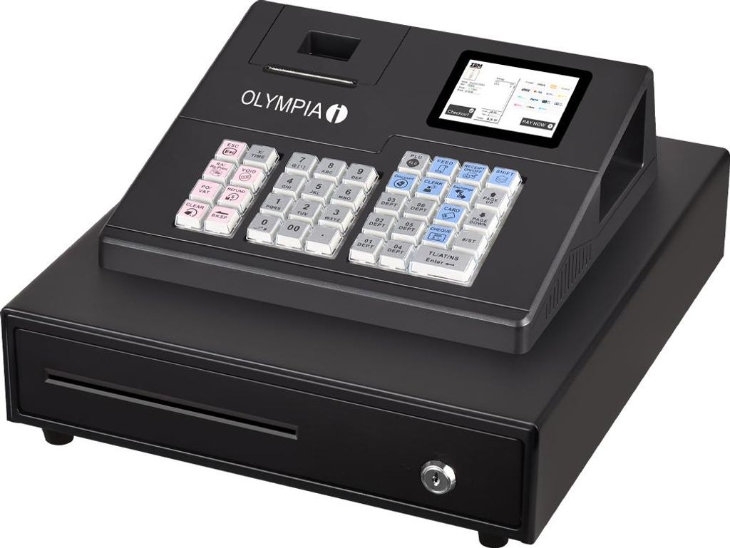 A black Olympia cash register is shown from a slightly elevated front-left angle against a white background.