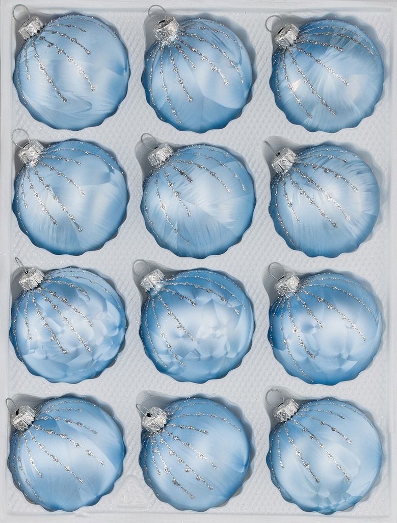 12 tlg. Glas-Weihnachtskugeln Set in Ice Blau Silber Regen Produktbild 1