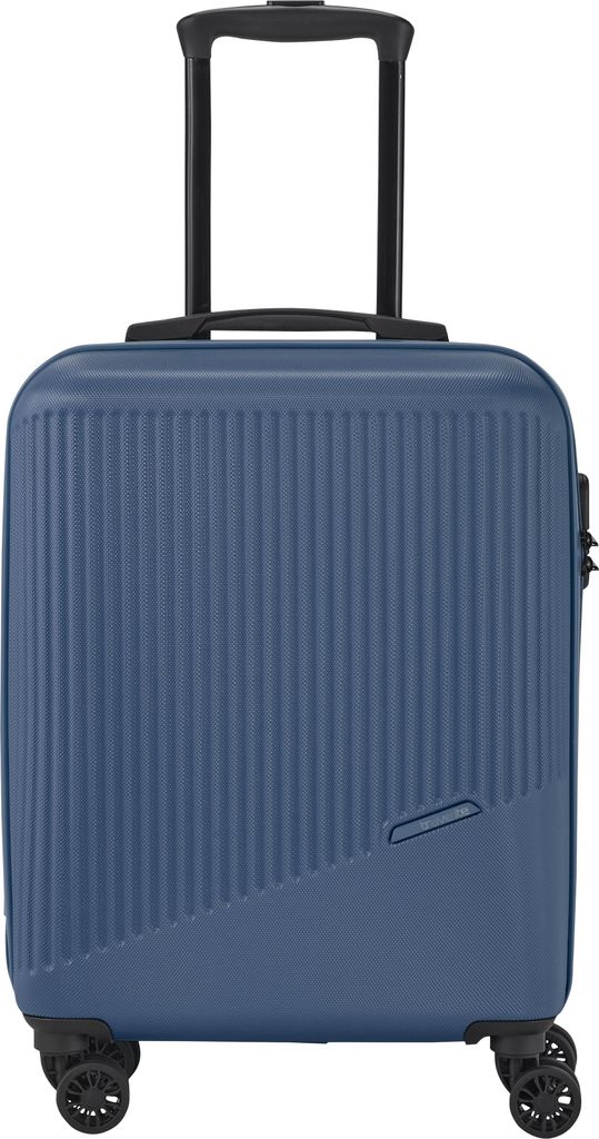 A blue trolley suitcase with a telescopic handle and wheels, shown from the front.