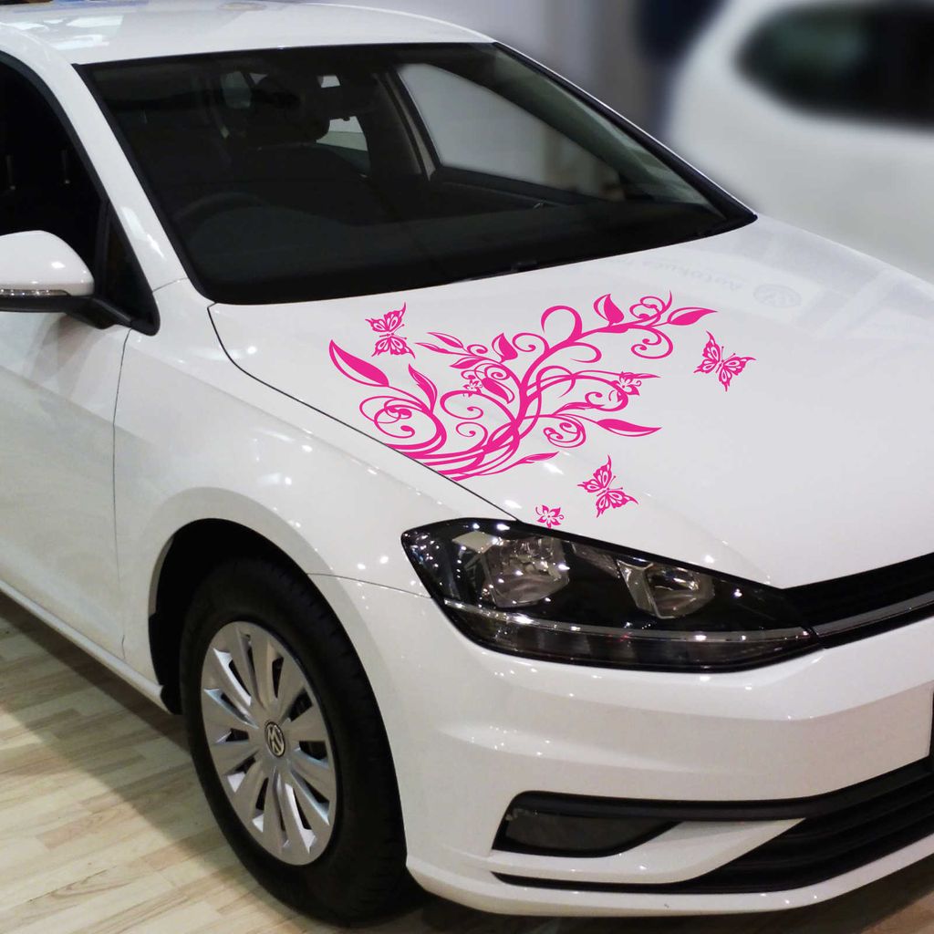 Aufkleber - Blumenranke Autoaufkleber + 3 Schmetterlinge 92cm x 60cm pink - Tuning Carystyling Heckscheibe Auto